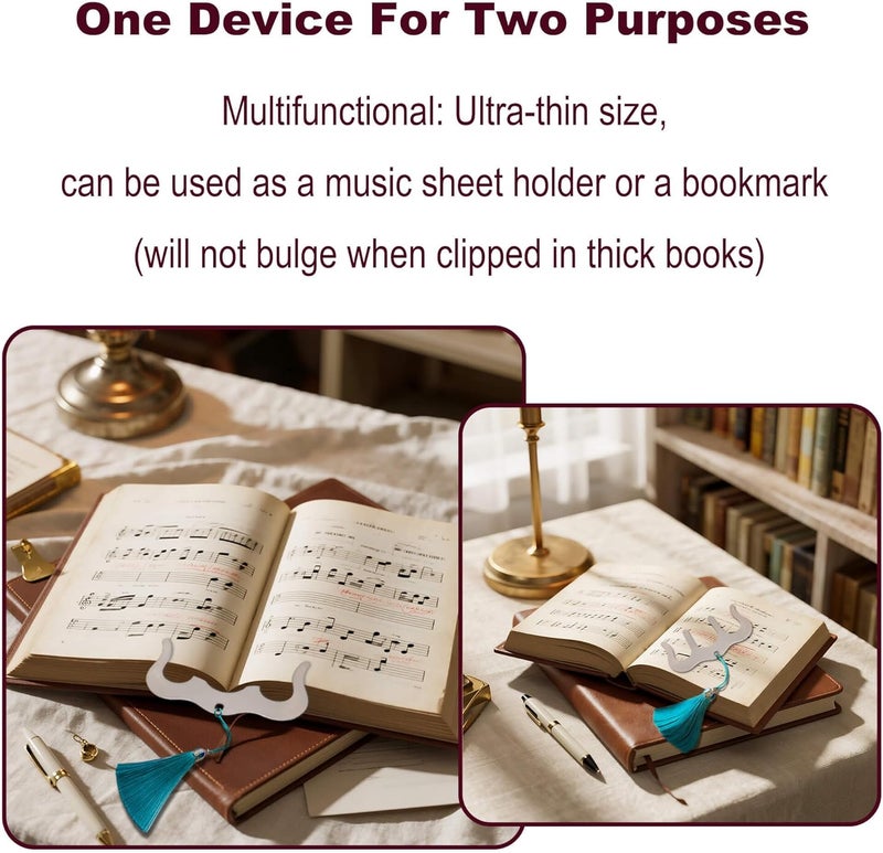 KULOLO Metal Music Book Clip Set - Black Stainless Steel Music Stand Accessory,Hands Free Book Page Holder for Piano,Keyboard,Cookbooks,Book,with Velvet Carrying Bag (Silver) - Image 2